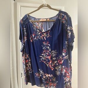 EVRI Blue and Pink Flutter Sleeve Floral Blouse